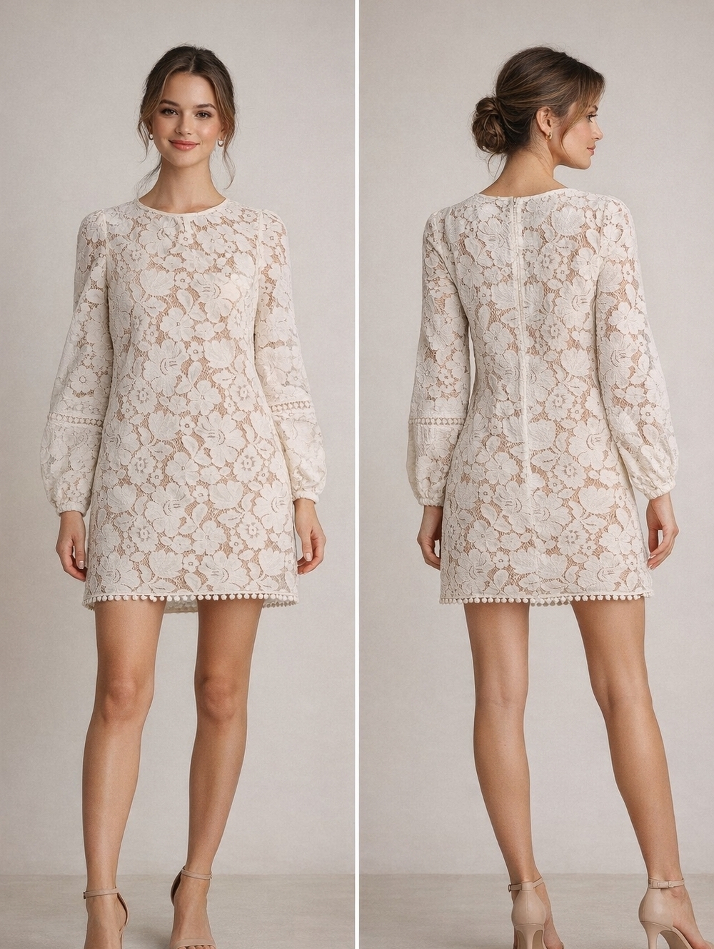 #1080 Vince Camuto Petite White Lace Shift Dress  Nude Lined Long Sleeve